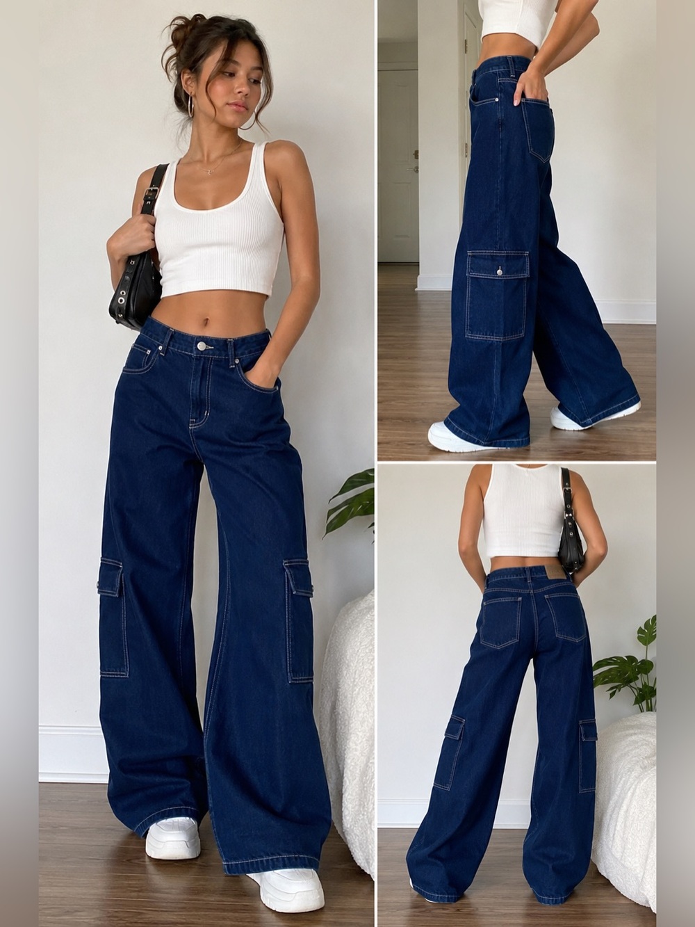 BDG Urban Outfitters Wide Leg Cargo Jeans Womens SZ 31 Dk Wash Y2K Utility Denim